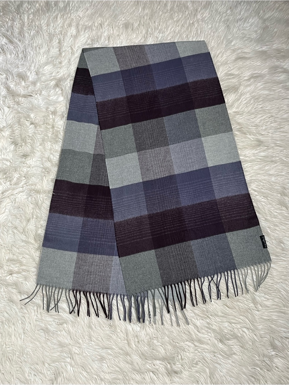 Fraas Cashmink Soft Plaid Winter Scarf Purple Gray Fringe Germany Unisex